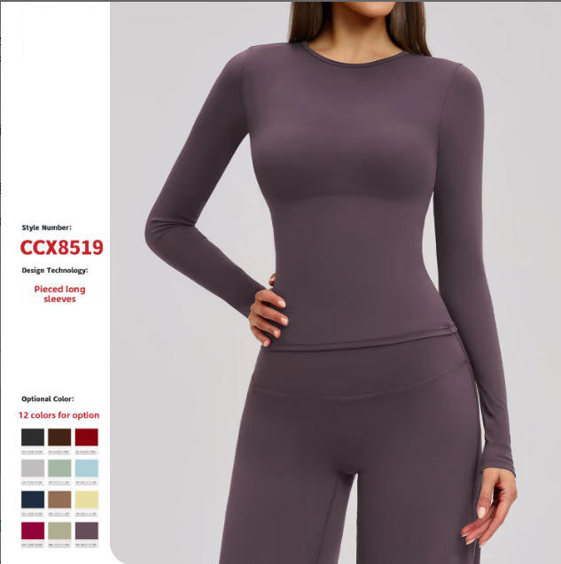 Women Round Neck Thumb Hole Long Sleeve Yoga Top Slim Quick Dry Gym Workout Sports Active Shirt
