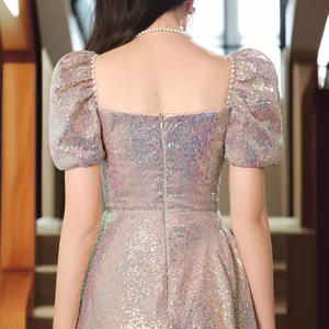 Pink Sequined Evening Dress A-Line Empire Waist Bow Neckline Satin Fabric For Coming Of Age Ceremony And Vocal Exam - Product Image 4