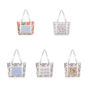 Sac fourre-tout réutilisable imprimé de logo personnalisé en toile pour femmes sac de plage en toile avec poche et pochette à fermeture éclair