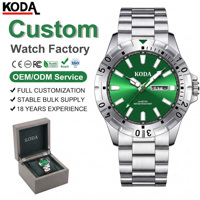 Montre de plongée pour homme avec logo personnalisé, acier inoxydable, cadran vert, affichage double calendrier, étanche