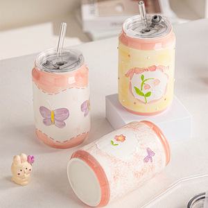 New Product Hand Painted Flower Ceramic Coffee Mug 500ml Can Shaped Ceramic Cups with Lid and Straw - Product Image 4