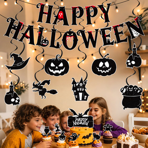 Pour <span class=keywords><strong>Halloween</strong></span> : Ensemble de guirlandes en papier spirales chauve-souris et citrouille avec motifs géométriques, décorations suspendues noires - Product Image 3
