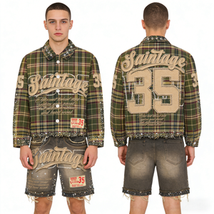 Ensemble chemise et short pour homme en coton à manches longues, à carreaux, avec strass, style streetwear, 100% coton - Product Image 1