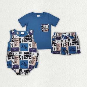 Ensembles prêts à expédier pour l'été : T-shirt bleu avec poche imprimée et short assorti pour bébés, style western - Product Image 4