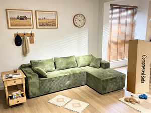 Divano Modulare a Forma di L Salvaspazio per Famiglia, Senza Bordi, Compresso, Senza Struttura, Naturale, per Interazione Genitore-Figlio - Product Image 1