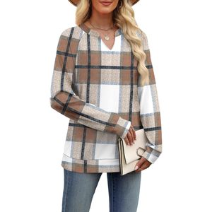 FOXA Women's V Neck Long Sleeve Plaid Sweatshirt Lightweight Casual Autumn <b>Top</b> Breathable Fashion Sweater Outfit - Product Image 3