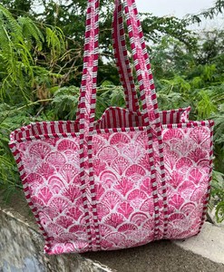 Bolso Tote Acolchado de Algodón con Estampado de Bloques, Funcional para Oficina, Mercado, Salidas Casuales, Viajes, Bolso de Hombro - Product Image 2
