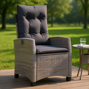 Chaise de patio inclinable en polyrotin gris avec coussins, mobilier de jardin extérieur, design contemporain - Product Image 2