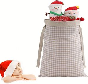 Embroidered Buffalo Plaid Drawstring <b>Christmas</b> Present Bag Monogram Sublimation Gingham <b>Santa</b> Sack for Party Decor - Product Image 1