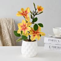 Tanaman Magnolia Buatan dalam Pot, Bunga Magnolia Palsu Bonsai dengan Pot Putih untuk Dekorasi Meja Rumah