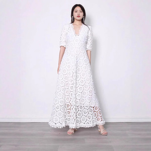 <b>White</b> <b>Lace</b> Maxi Dress V-Neck Floral Print Hollow Sheer Layer Evening Dress Natural Waistline Zipper Front - Product Image 4