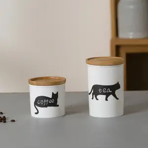 Hete Verkoop Beschrijfbare Aangepaste Cilinder Keramische Voedselopslag Pot Thee Koffie Keuken Bus Met Houten Deksel
