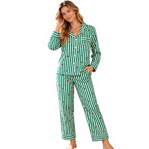 Conjunto de Pijama para Mujer con Estampado de Corazones Verdes, Camiseta de Manga Larga y Pantalones, Ropa de Dormir con Estampado de Corazones Verdes, Conjunto de Pijama a Rayas - Product Image 1