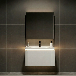 Miroir intelligent avec mécanisme de fermeture douce, pieds réglables, finition laquée moderne haute brillance, meuble-lavabo en MDF, lavabo sous plan. - Product Image 1