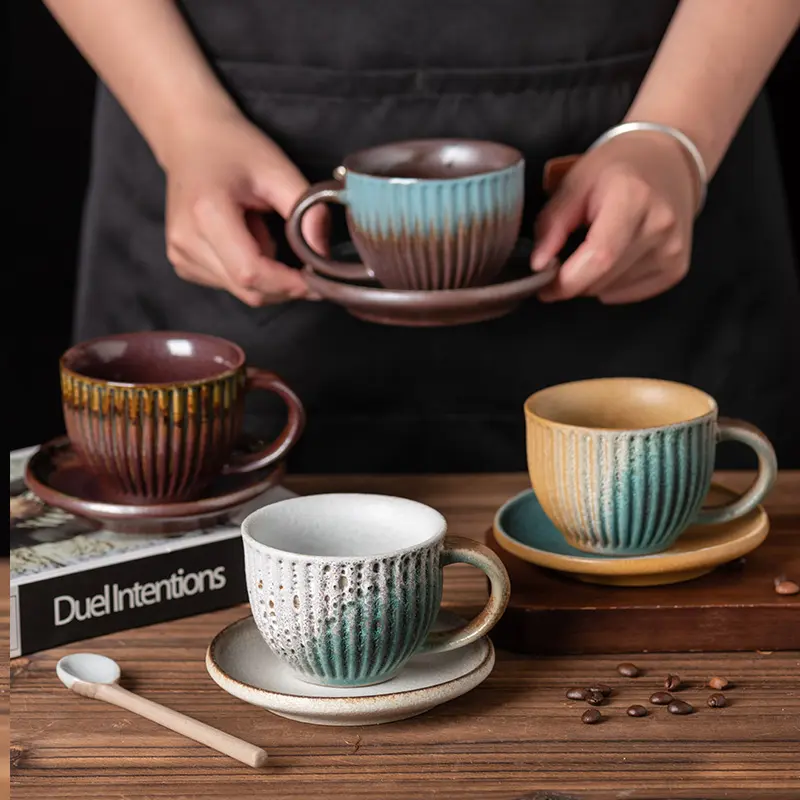 Newest design vintage kiln change pottery mug ceramic coffee cups and saucers sets with spoon