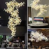 Lustre personnalisé en fer forgé en forme de feuille de Ginkgo, corps doré, LED à intensité variable, grande taille, pour restaurant, hôtel, villa, hall et éclairage d'escalier