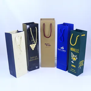 Embalaje de lujo, Marrón Natural, logotipo privado personalizado impreso, individual y doble, hermosas, coloridas, bolsas de papel para botellas de vino