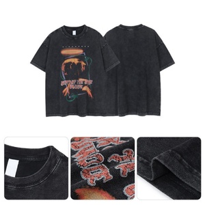 Nouveau T-shirt imprimé à manches courtes tendance chinoise, effet délavé vieilli, style BF vintage, coupe droite, col classique, 100 % coton, pour homme - Product Image 2