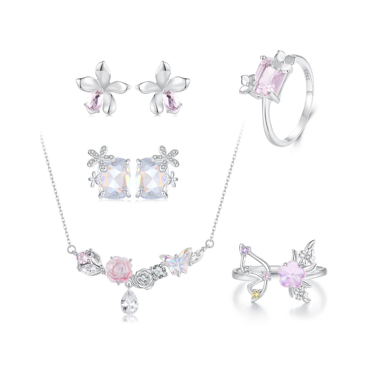 925 Sterling Silver Fashion Jewelry Sets Fine Jewelry Making Wholesale  Fantasy Pink Butterfly Flower Necklace Ring Earrings Set
