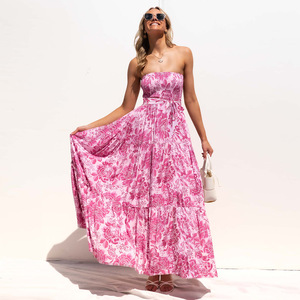 Oem Bohemian Ladies Long Strapless Print Ruffle Smocking <strong>Elastic</strong> Tube <strong>Top</strong> Bloom Printed Tie up Waist Casual Holiday Maxi <strong>Dress</strong> - Product Image 2