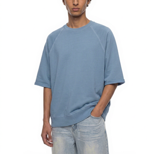 T-shirt Raglan Homme Col Rond Manches Courtes Coupe Oversize Décontracté Tricoté Uni Bleu Clair 100% Coton Jersey Anti-rétrécissement 220g - Product Image 1