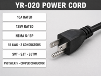 UL-Zertifizierter YR-020 NEMA5-15P 3-Leiter Wechselstrom-Stecker 10A 125V, 18AWG SVT/SJT/SJTW Amerikanischer Standard-Stromkabel