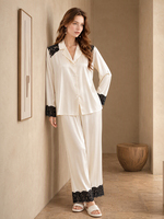 Ensemble de pyjama en soie pour femmes, col rabattu, patchwork en dentelle, manches longues, haut boutonné, pantalon à jambes larges, vêtements de nuit élégants et respirants