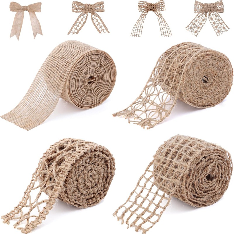 Eco-friendly Jute Webbing Floral Grosgrain Ribbon Christmas Gift Packaging Hand-Woven Natural Color 2m