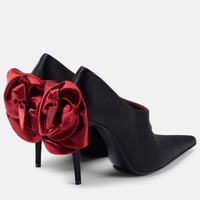 Bottes mi-mollet pour femme, à talon aiguille, bout pointu, avec fermeture éclair latérale, en satin rouge à motif floral uni, semelle extérieure en caoutchouc, rehaussant la taille