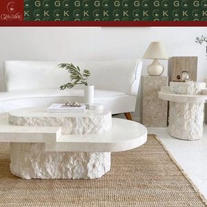 Travertin-Couchtisch Beiger Stein für Wohnzimmer Lounge Maßgefertigt Poliert Organische Form Skulpturales Design - Product Image 6