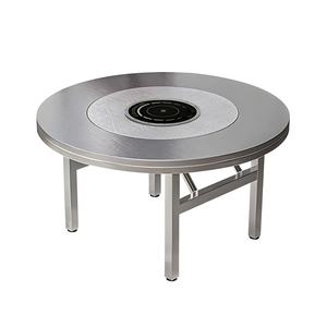 Meja Makan Bulat Lipat dari Baja Tahan Karat dengan Kompor Induksi Terintegrasi & 360 °   Meja Putar untuk Penggunaan di Rumah & Restoran - Product Image 3