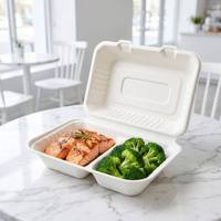 Bulk verpakte, magnetronbestendige bagasse voedselcontainer met 2 compartimenten, composteerbaar voor supermarkt en delicatessenwinkel