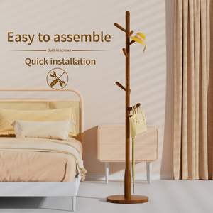 Perchero de pie de madera maciza con base redonda y 8 ganchos para abrigos, sombreros, bolsos y carteras, ideal para recibidores y pasillos. - Product Image 4