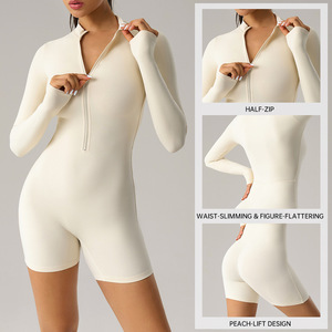 Combinaison de sport pour femme à manches longues, grande taille, avec logo personnalisé, combinaison de fitness avec demi-zip - Product Image 2