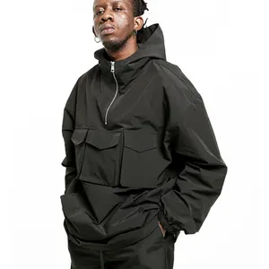 Heren Groothandel Oversized Fit Zwart Nylon Jack Multi Pockets Pullover Halve Ritsen Windjack