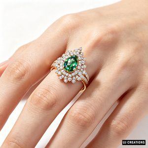 Women's 18K Gold Plated Cocktail <b>Ring</b> Pear Cut Green <b>Crystal</b> Pave Setting Luxury Flower Statement Jewelry - Product Image 4