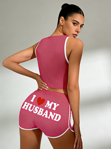 Paquete de 3 Pantalones Cortos Casuales Transpirables de Cintura Alta para Mujer, con Cintura Elástica, Estampado de Letras, Lindos Pantalones de Pijama para Uso Diario - Product Image 2