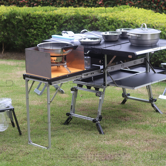 Camping Kitchen Table with Storage Cupboard Aluminum Folding Cooking Table Portable Camping Kitchen for Outdoor Bbq