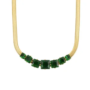 Custom Wholesale Non Tarnish Gold Plated Stainless Steel Female Italian Jewelry Manufacturer Big Design Green Zircon Necklace