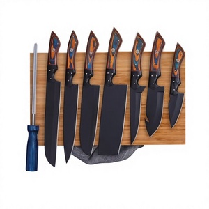 Ensemble de couteaux de chef ambidextres écologiques faits à la main, 5 pièces, lames en acier au carbone, manche en bois, aiguiseur, cuisine professionnelle - Product Image 1