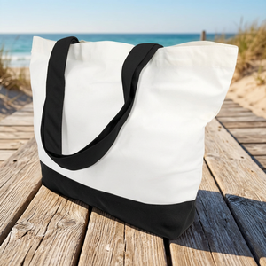 Grand sac fourre-tout en toile blanche avec poignées et fond noirs, sac de plage et de shopping - Product Image 5