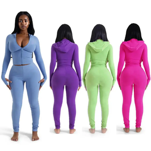 Tall Girl Friendly Skinny Full Zip Hoodie Jacket and Flared Pants Set Women Custom Outfit Two Piece Tracksuit Set Women <strong>Clothing</strong> - Product Image 2