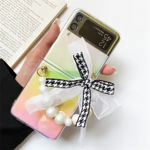 Fashion Laser Shell With Pearl Chain Designer Fold Phone Case For Samsung Z flip4 Zflip 3 Shockproof Folding Shiny Back Cover