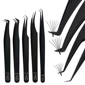 En venta pinzas de pestañas de color negro punta de fibra pinzas de extensiones de pestañas de bota de 90 grados agarre de sujeción de ventilador mango ergonómico - Product Image 1