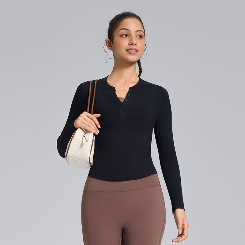 Custom Logo Women Henley Shirt Quick-dry V-neck Fitness Top Long Sleeves Lightweight Slim Yoga Tops for Autumn Spring