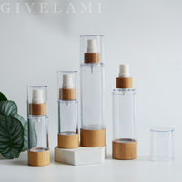 Grosir Botol Semprot Plastik ABS Transparan Bentuk Bulat 30Ml 50Ml 100Ml dengan Tutup Pompa Kayu Bambu untuk Perawatan Kulit