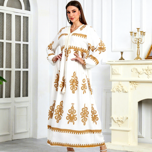 ODM/OEM中東女性用アバヤファッションプリントウールレースアップイスラムスタイルエレガントドレスアラビアドバイMusilin - Product Image 3