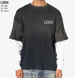 T-shirt Vintage Oversize a Doppio Strato con Maniche Lunghe, Logo Ricamato Personalizzato, Effetto Acid Wash, Stile Streetwear per Uomo - Product Image 1