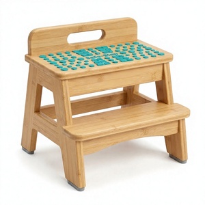 Tabouret en bambou à 2 marches pour enfants avec points antidérapants bleu sarcelle, tour d'aide robuste pour tout-petits pour lavabo <span class=keywords><strong>de</strong></span> salle <span class=keywords><strong>de</strong></span> bain et décoration - Product Image 1