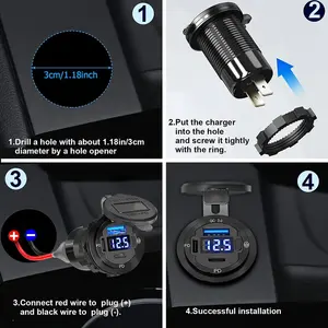 USB Car Charger QC3.0 Dual PD Port For 12V Boat RV With Voltmeter Outlet Socket